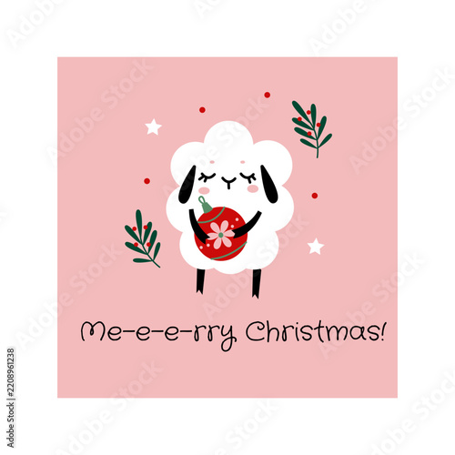 A cute, funny sheep with a Christmas tree ornament and Christmas greetings