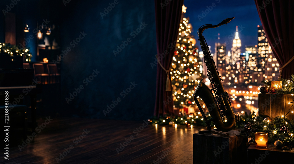 Obraz premium Saxophone silhouette standing in a festive room with Christmas tree. Jazz music theme for holiday celebration in the city.