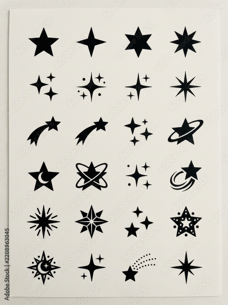 Fototapeta premium Collection of Minimalist Black Star and Celestial Icons Set on White Background for Graphic Design Projects