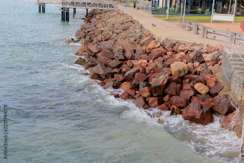 Rock Breakwater and Blue Ocean Along the Coast of Wallaroo, South Australia, Australia