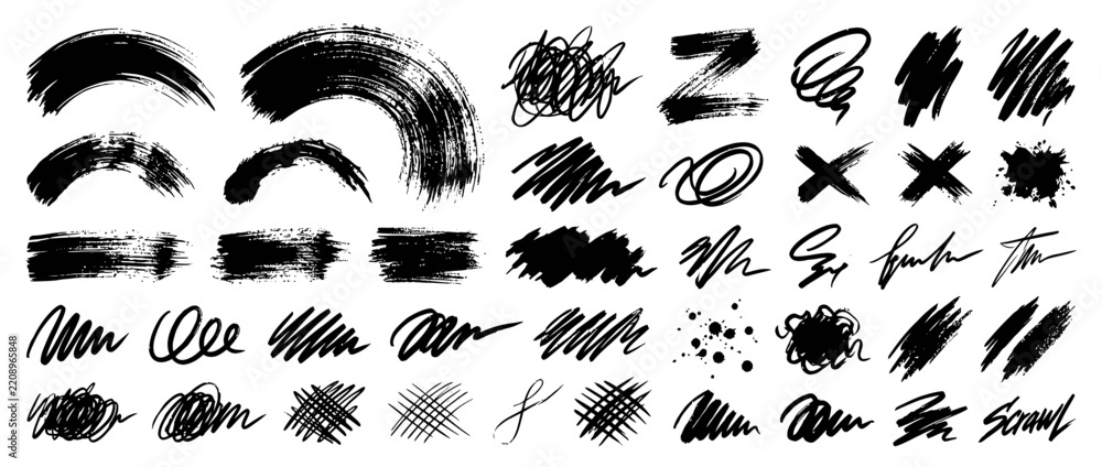 Fototapeta premium Collection of Black Hand Drawn Brush Strokes and Scribbles