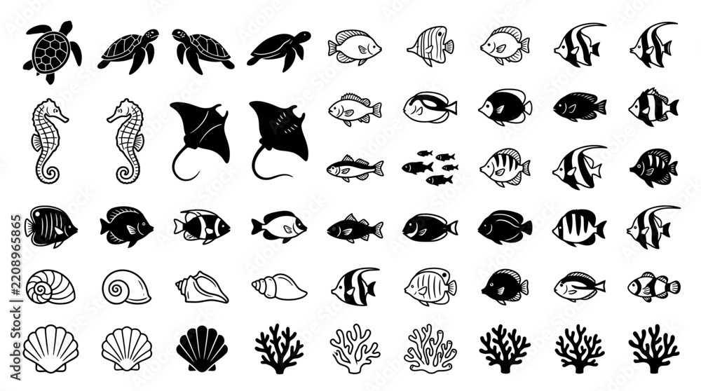 Fototapeta premium Collection of Diverse Marine Life Icons Isolated