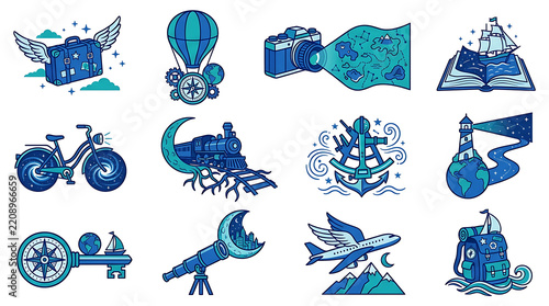 Set of travel and adventure icons performing exploration in digital format with transparent background