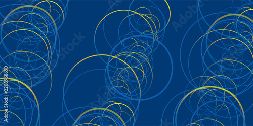 A blue abstract background showcases interconnected, 3D diagonally aligned blue and golden yellow circles, forming three dynamic vertical geometric pattern. Repeating shapes and uniform color.