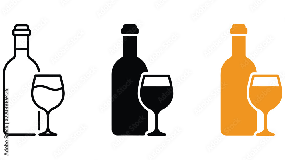 Obraz premium Three variations of a wine bottle and glass presented in outline, solid black, and solid orange styles on a white background