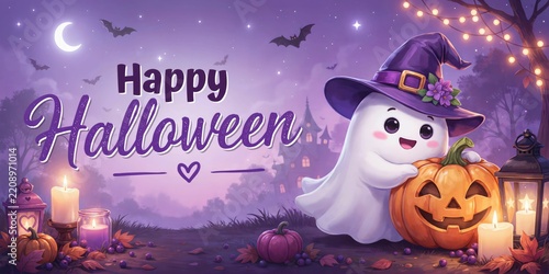 Cute ghost wearing a witch hat holding a jack-o'-lantern with happy halloween text