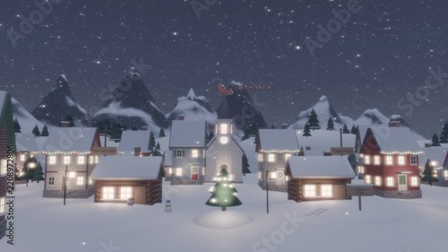 Santa Claus sleigh with reindeer flying past a church over a snowy Christmas village at night, falling snow, 3D animation