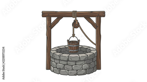 Rustic Wooden Water Well with Bucket Isolated