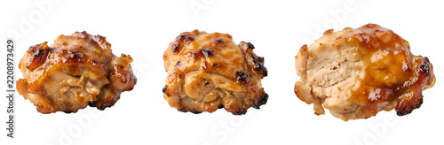 Glazed grilled chicken pieces with charred brown edges and sticky sweet teriyaki sauce displayed in a row for culinary photography isolated on transparent background