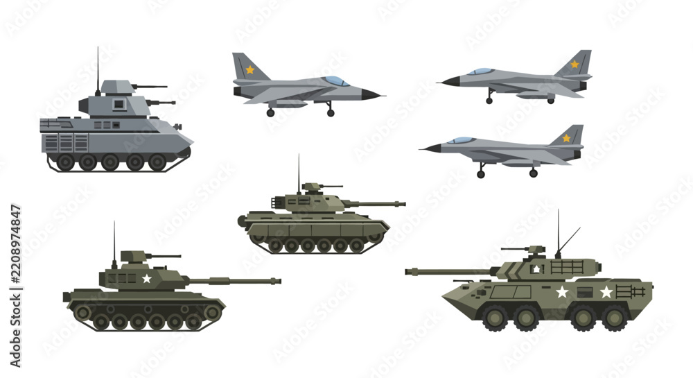 Obraz premium Military Vehicles & Jets: Flat Vector Illustration on White