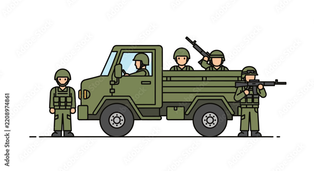 Obraz premium Military Truck with Soldiers: Flat Illustration