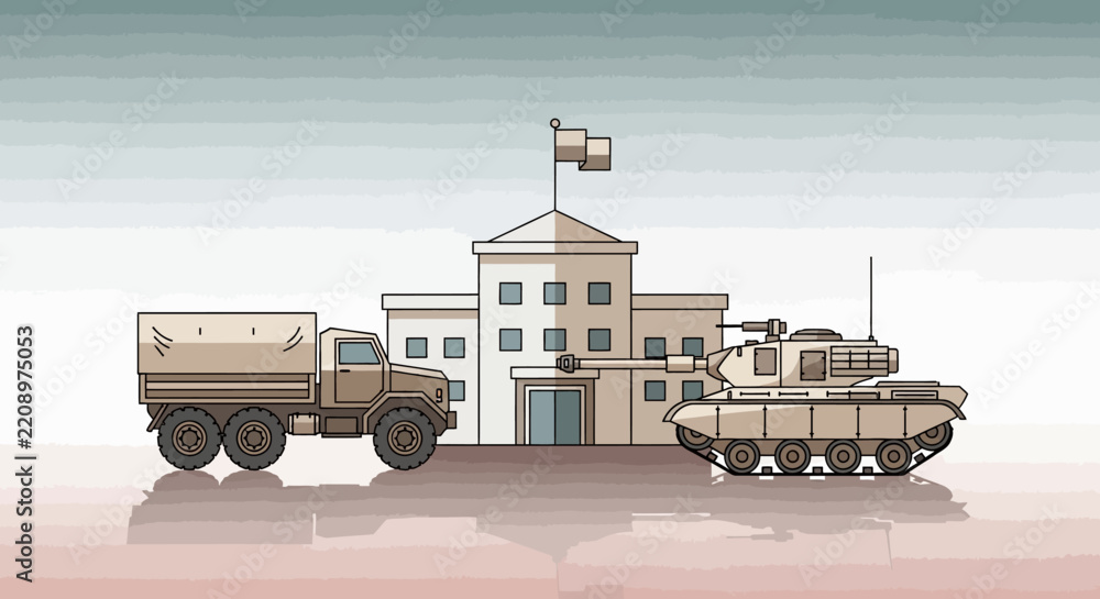 Obraz premium Military Vehicles and Building: Animated Illustration of War Concept