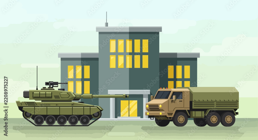 Obraz premium Military Vehicles and Building Illustration