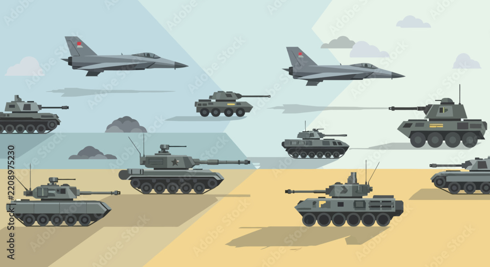 Obraz premium Military Vehicles and Aircraft Formation in Vector Illustration