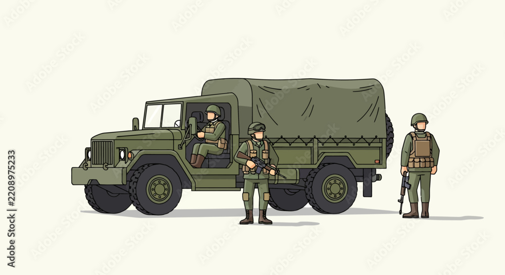 Obraz premium Military Truck with Soldiers Illustration, Pixel Art Style