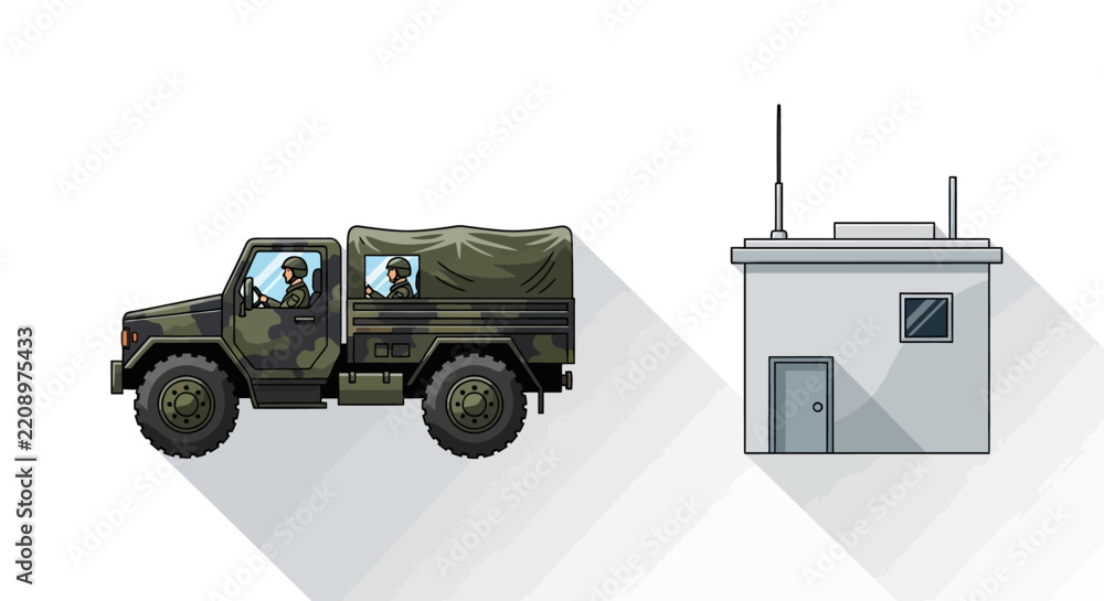 Obraz premium Military Vehicle and Bunker: Camouflage Truck on White Background