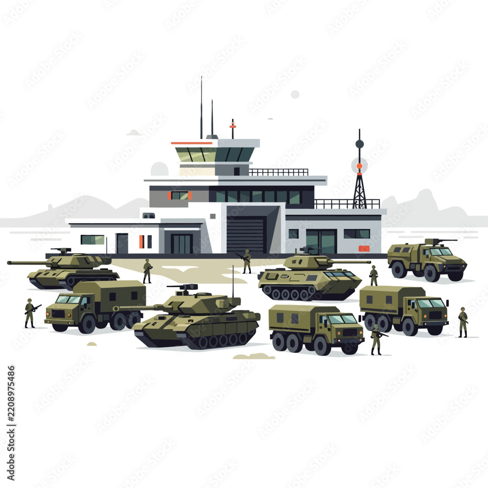 Obraz premium Military vehicles and control tower with soldiers illustration