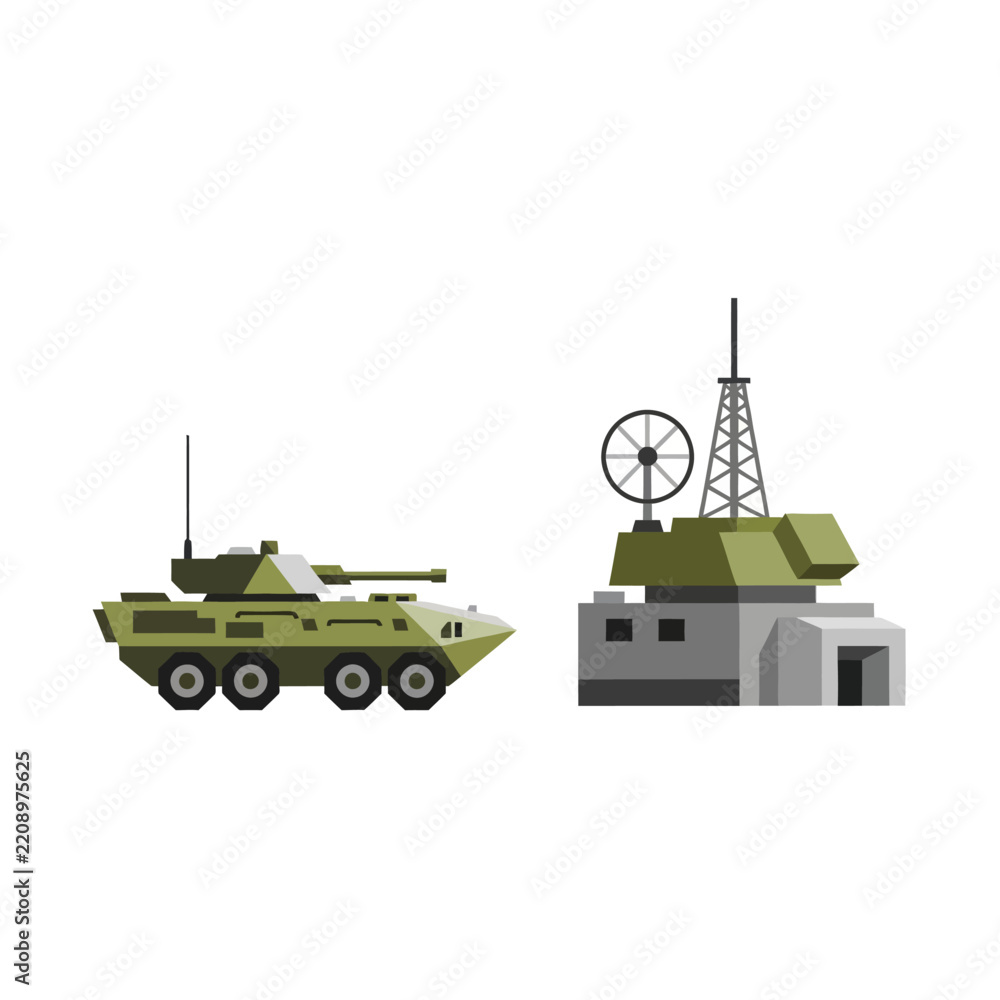 Obraz premium Military Vehicles & Radar Station Illustration on White