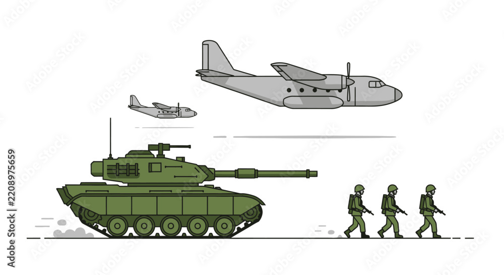 Obraz premium Military Vehicles & Soldiers: Tank, Aircraft & Infantry Illustration