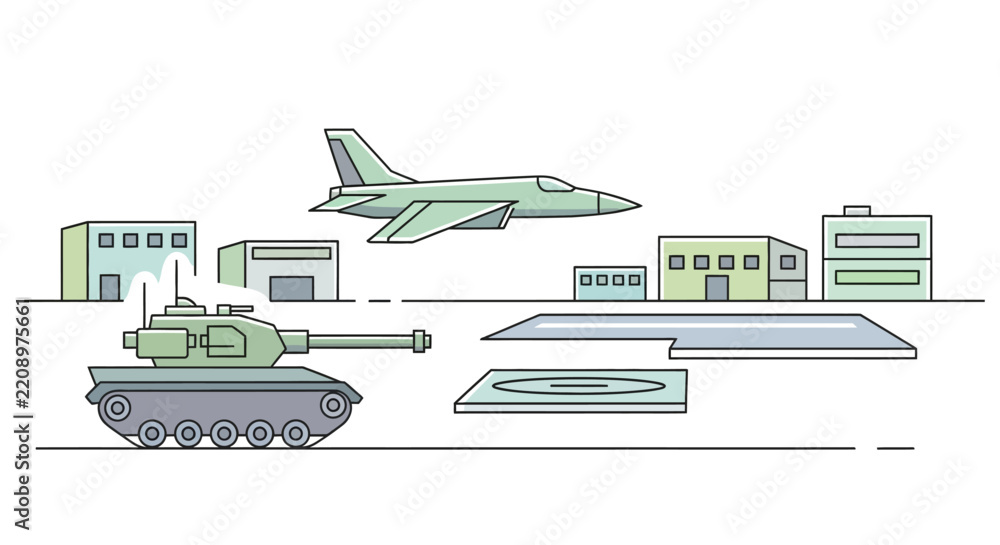 Obraz premium Military Vehicles and Buildings Illustration