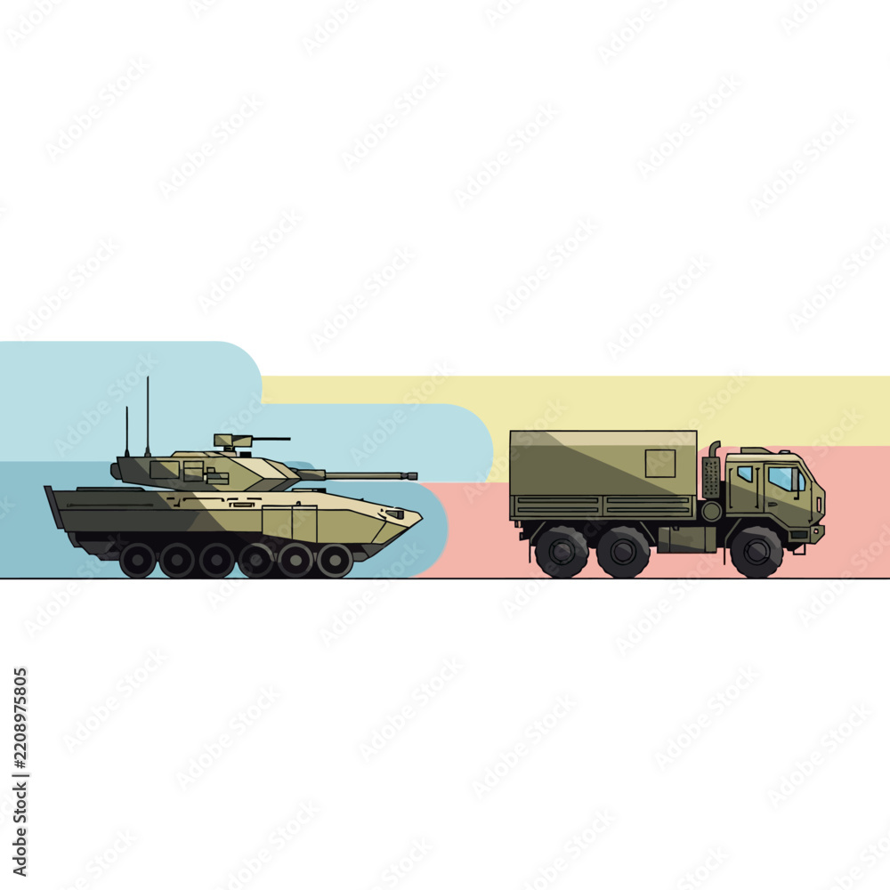 Obraz premium Military Vehicles: Tank and Truck Illustration Against Colorful Background