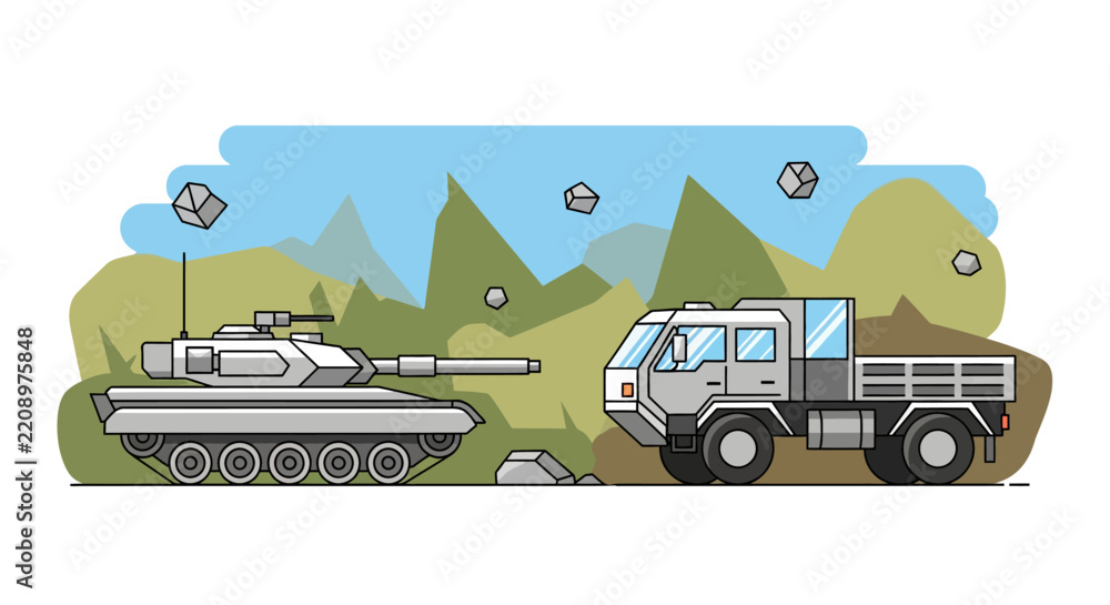Obraz premium Military Vehicles: Tank and Truck on Battlefield Illustration