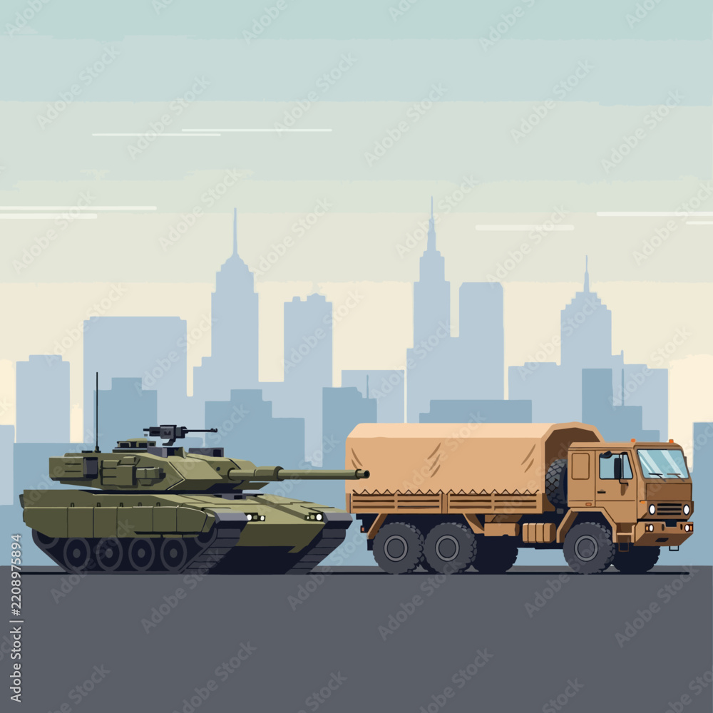 Obraz premium Military Vehicles: Tank and Truck Silhouettes in Cityscape