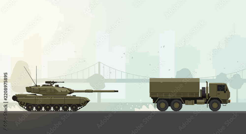 Obraz premium Military Vehicles: Tank and Truck Silhouette on Urban Background