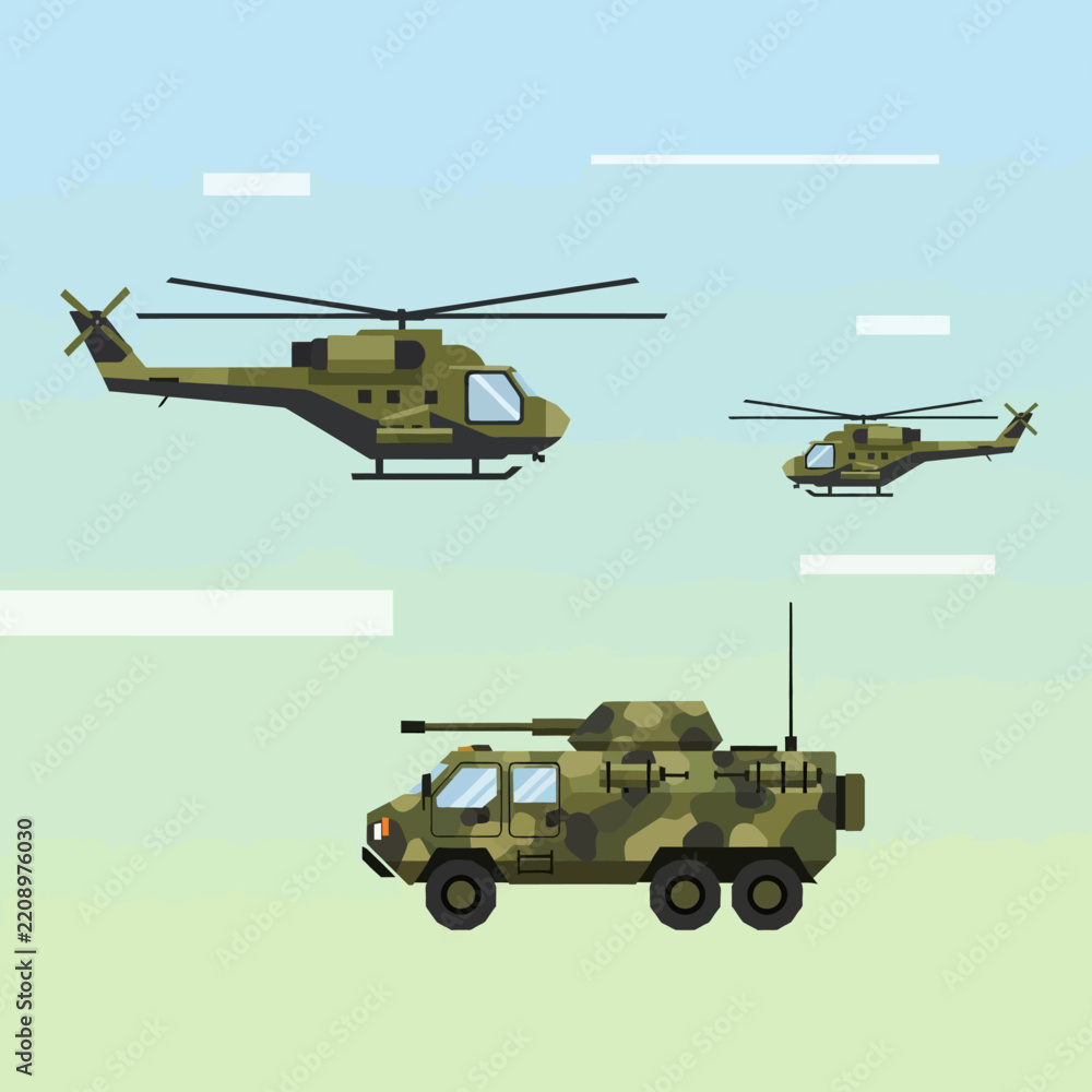 Obraz premium Military Vehicles and Helicopters in Flight - Vector Graphic