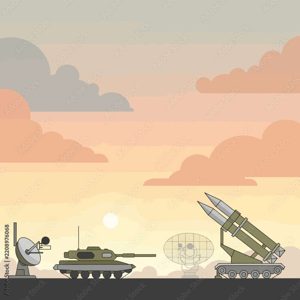 Obraz premium Military vehicles and radar under a cloudy sky