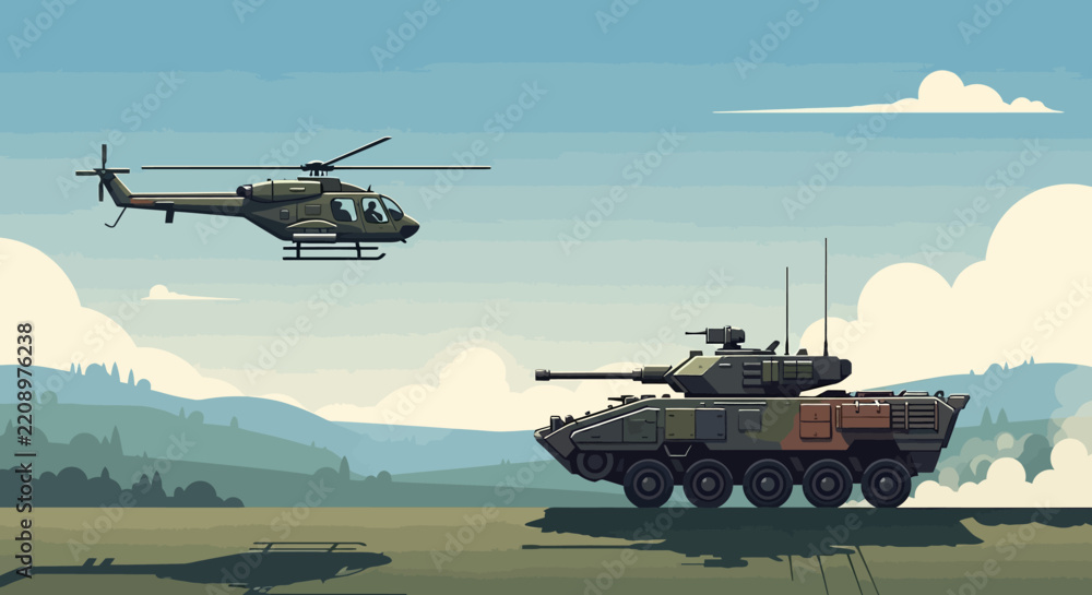 Obraz premium Military Vehicles: Helicopter and Armored Fighting Vehicle on Patrol