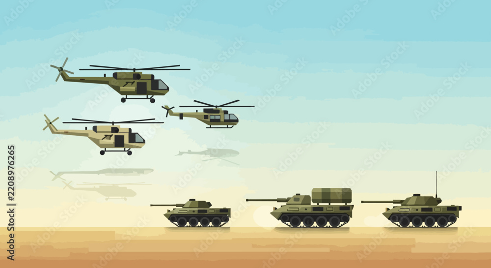 Obraz premium Military Vehicles: Helicopters and Tanks in Desert Landscape, Pixel Art
