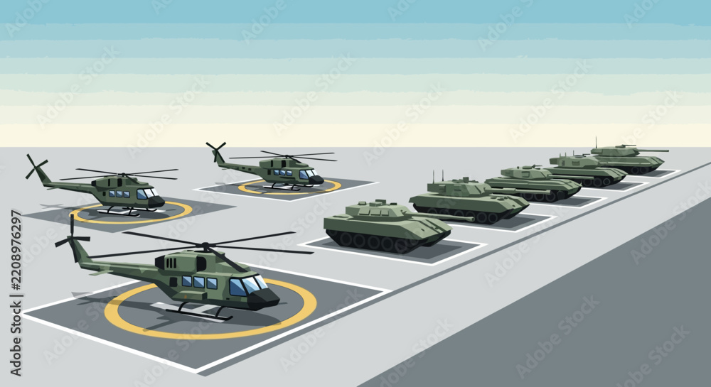 Obraz premium Military Vehicles: Helicopters and Tanks on a Military Base