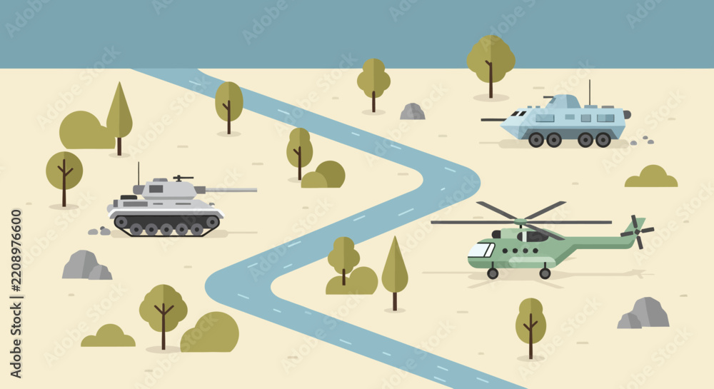 Obraz premium Military vehicles on a landscape vector illustration