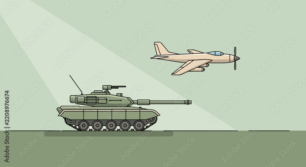 Obraz premium Military Vehicles: Tank and Airplane Vector Illustration