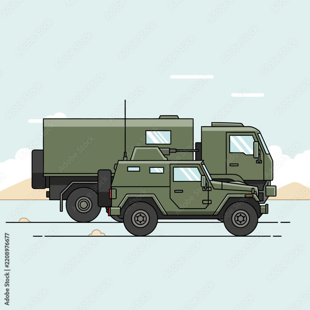 Obraz premium Military Vehicles Set: Armored Car and Cargo Truck Illustration