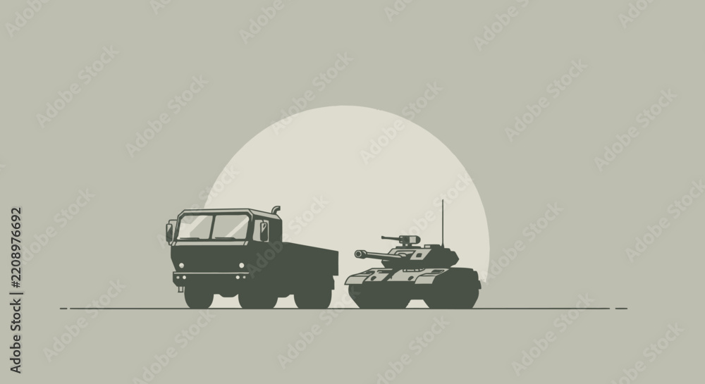 Obraz premium Military vehicles silhouette: truck and tank against circular background.