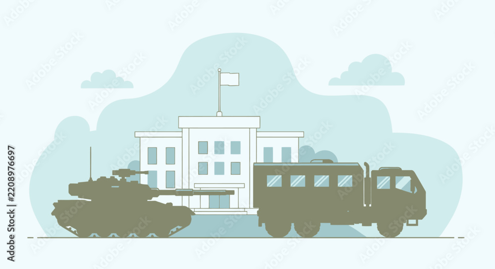 Obraz premium Military Vehicles Silhouette Against a Government Building