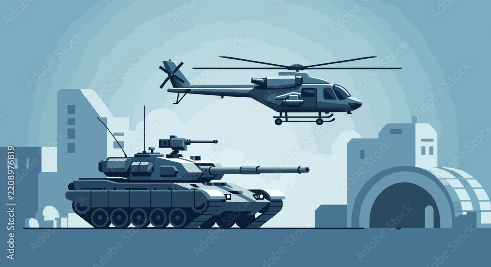 Obraz premium Military Vehicles: Tank and Helicopter Over Cityscape
