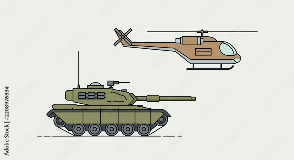 Obraz premium Military Vehicles: Tank and Helicopter Illustration