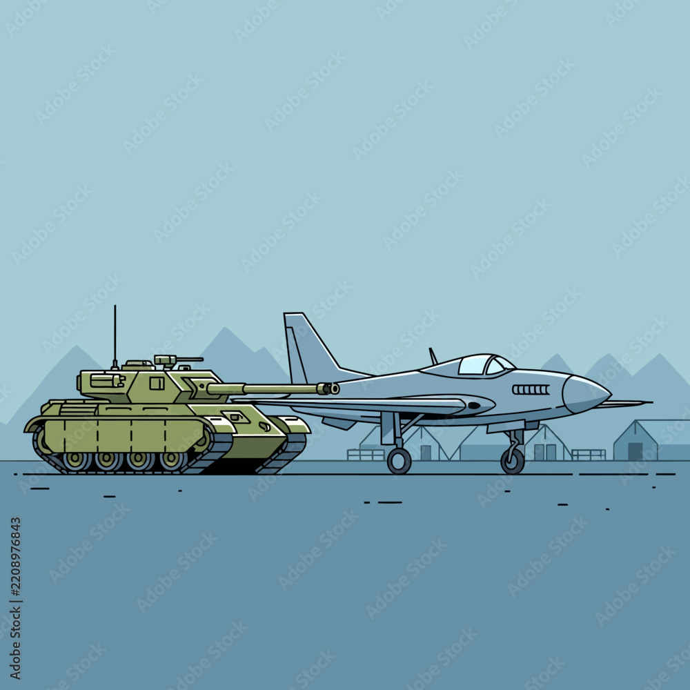 Obraz premium Military Vehicles: Tank and Jet on Blue Background