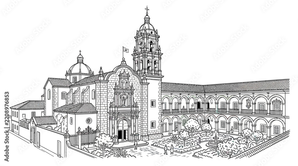 Obraz premium Detailed Architectural Sketch of a Historic Monastery Building