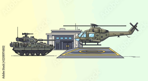 Military Vehicles: Tank and Helicopter at Base Illustration