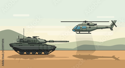 Military Vehicles: Tank and Helicopter Illustration