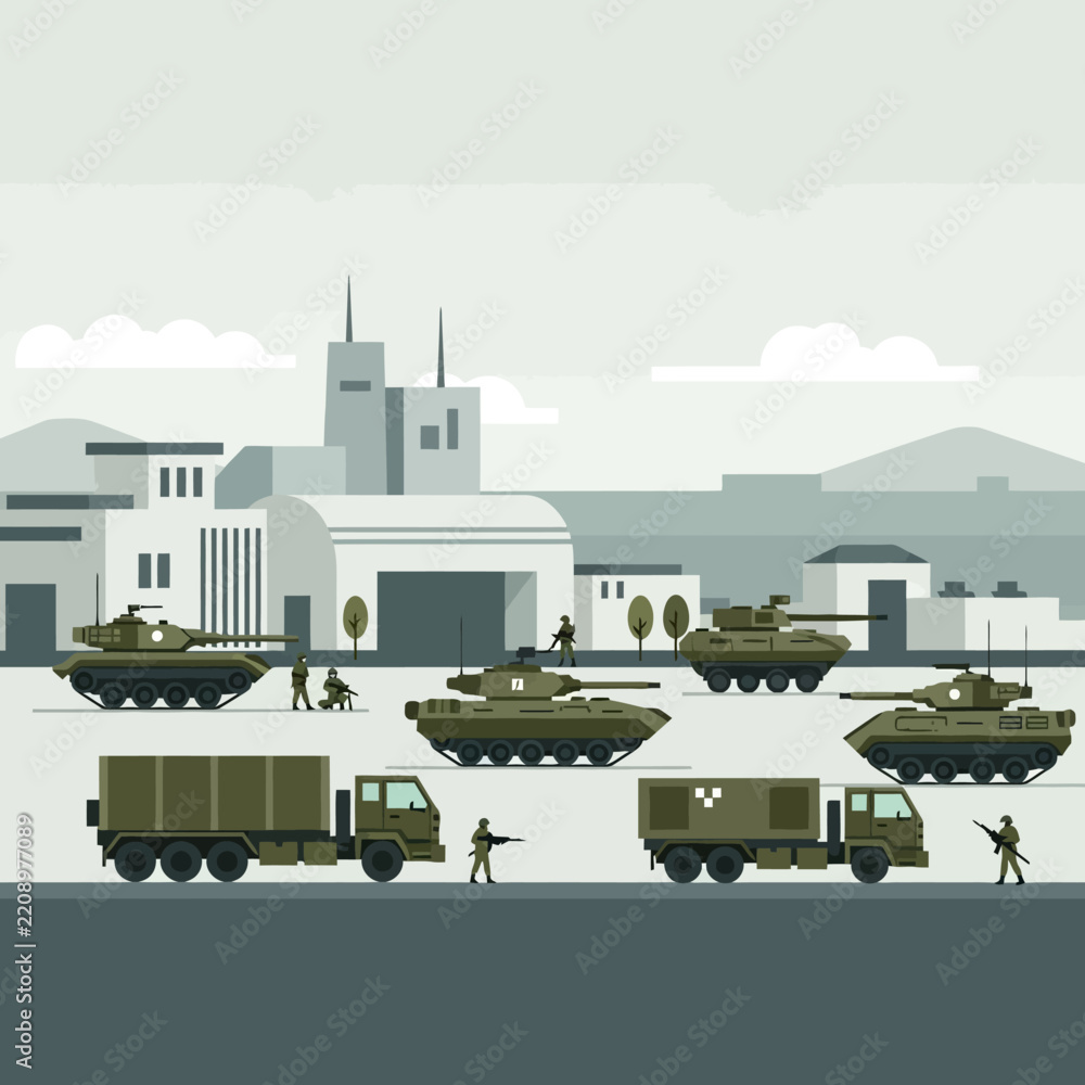 Obraz premium Modern Military Scene: Tanks, Trucks, Soldiers, and Industrial Buildings