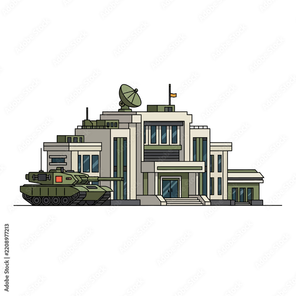 Obraz premium Modern military base with tank and satellite dish building exterior art