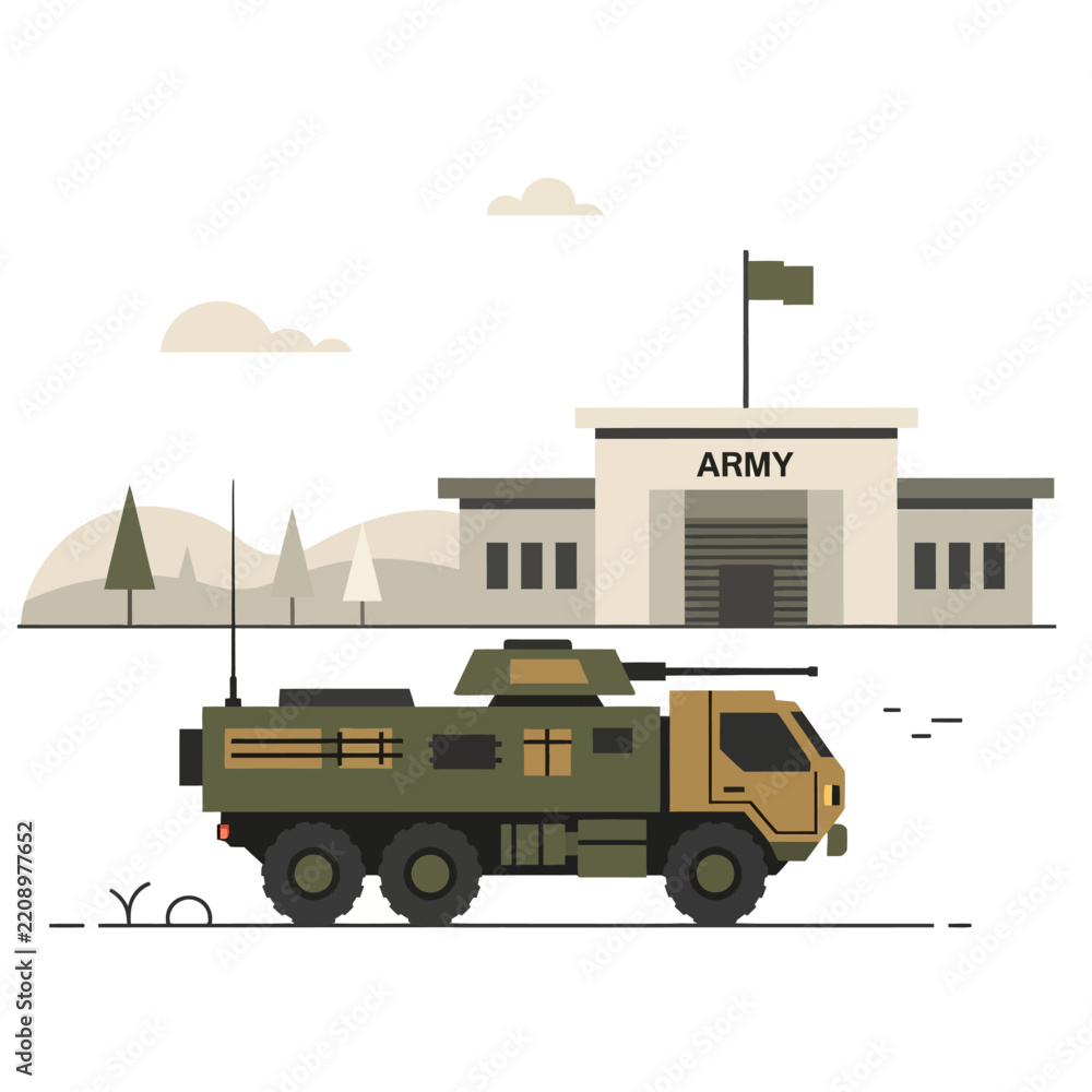 Obraz premium Modern military armored vehicle outside army base building illustration