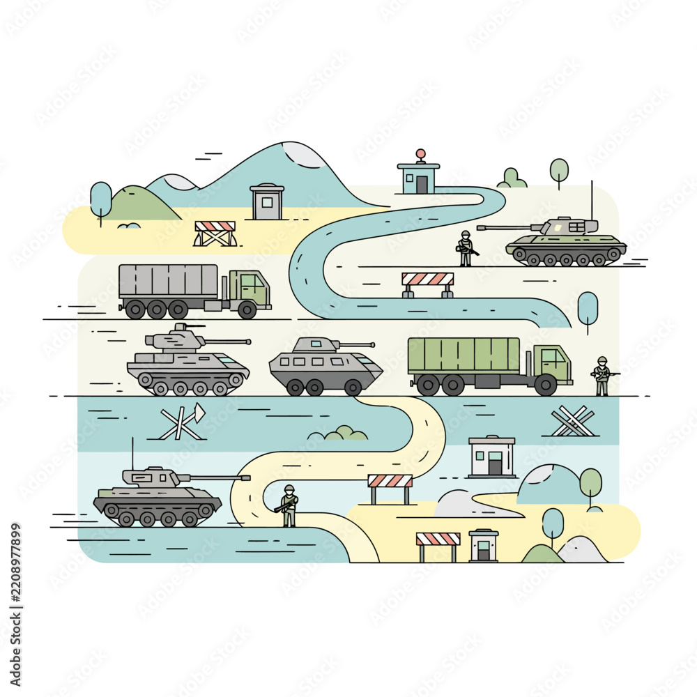 Obraz premium Modern Military Vehicles and Road Landscape Illustration