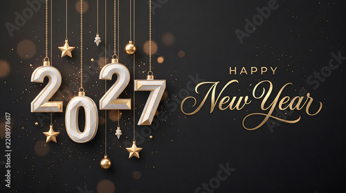 Elegant Happy New Year 2027 greeting card with hanging decorative numbers stars and baubles on a dark background