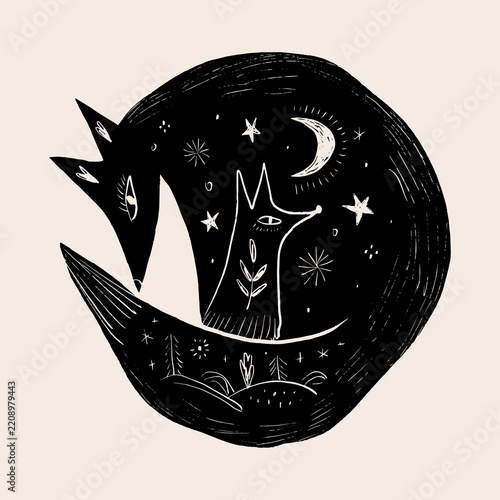Doodles mystical weirdcore cottagecore sleeping curled fox with night forest landscape, crescent moon, and celestial stars in esoteric linocut vector illustration 